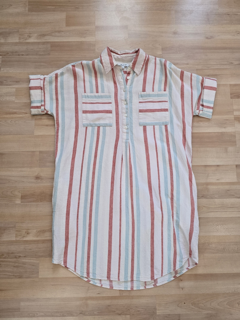 Madewell Striped Short-Sleeve Button-Front Linen Cotton Shirt Dress